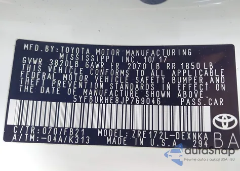 2018 Toyota Corolla Le из США, поврежденный, VIN 5YFBURHE8JP769046